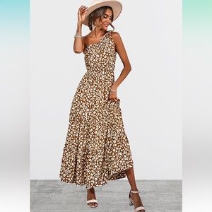 PRETTYGARDEN Floral Dress One Shoulder Sleeveless Knot Ruffled Hem Maxi Dress